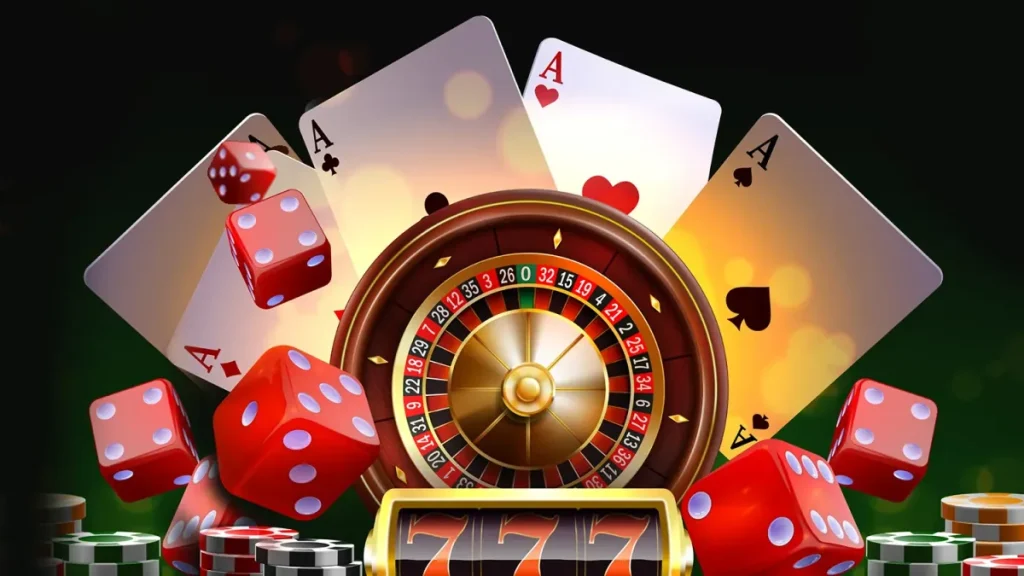 Roulette, xúc xắc và bài minh họa thuật ngữ Casino